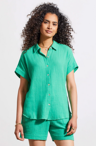 Cotton Gauze Button-Up Shirt w/ Short Sleeves