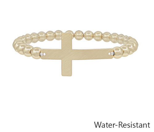 Water Resistant Gold Cross Stretch Bracelet