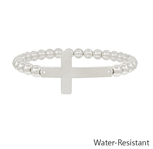 Water Resistant Silver Cross Stretch Bracelet