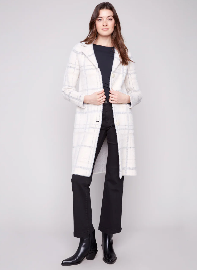 Long Plaid Knit Coatigan