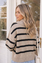 Taupe Black Horizontal Stripe Sweater Quarter Zip Neckline