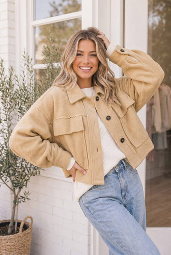 Taupe Fleece Oversized Jacket Balloon Sleeves Utility Pocket