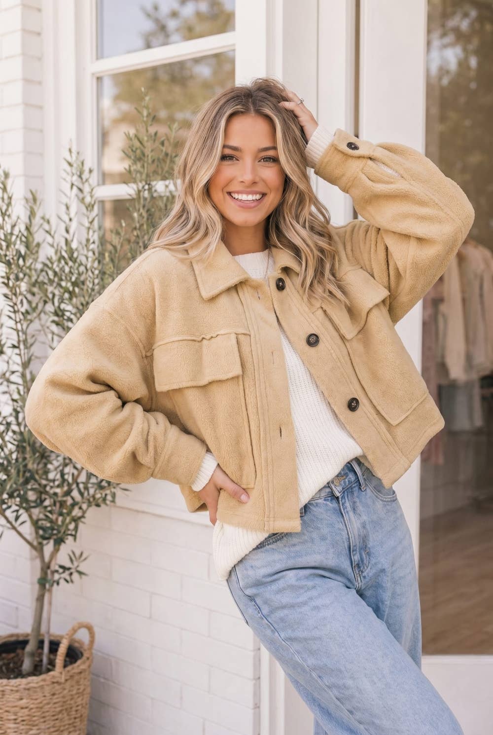 Taupe Fleece Oversized Jacket Balloon Sleeves Utility Pocket