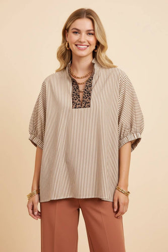Striped Oversized Split Neck Short Sleeve Top