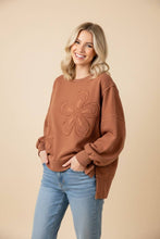 Mineral Wash Floral Applique Puff Sleeve Sweatshirt