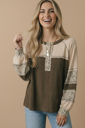 Round Neck Floral Color Block Top