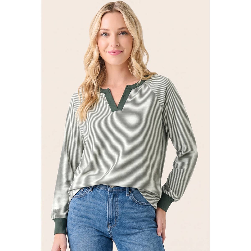 Split Neck Brushed Pinstripe Top