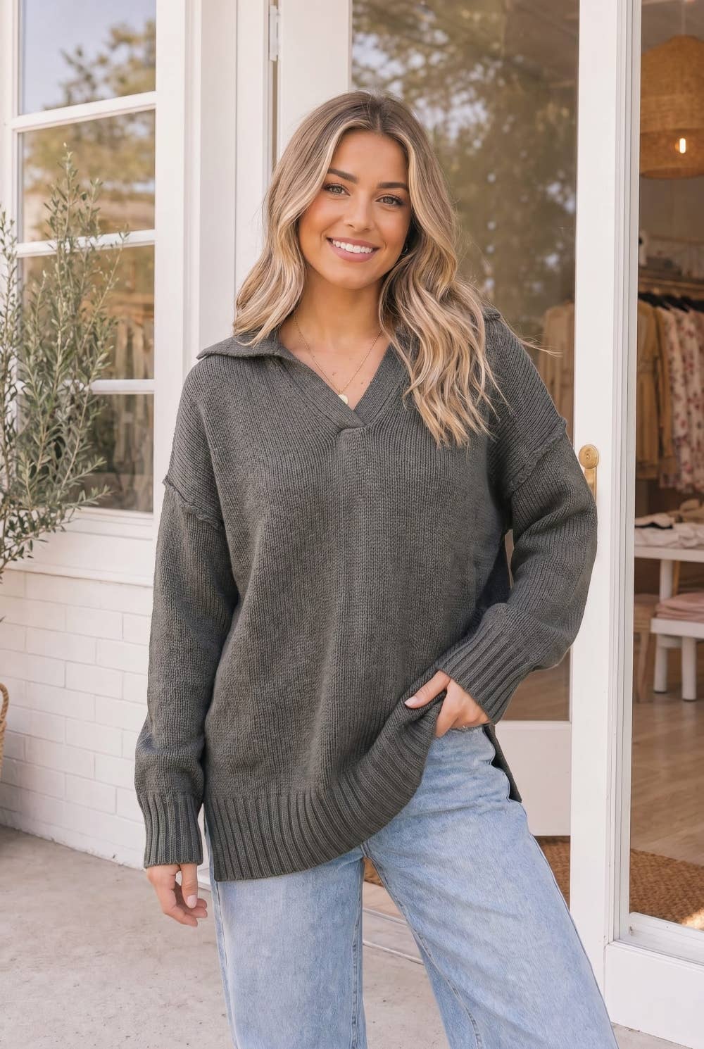 Grey Collared Knit Sweater