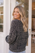 Black White Marled Chunky Knit Balloon Sleeve Sweater