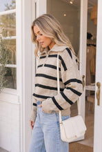 Taupe Black Horizontal Stripe Sweater Quarter Zip Neckline