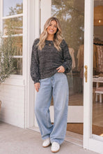 Black White Marled Chunky Knit Balloon Sleeve Sweater