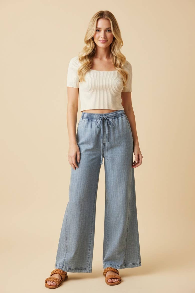 Drawstring Wide Leg Denim Pants