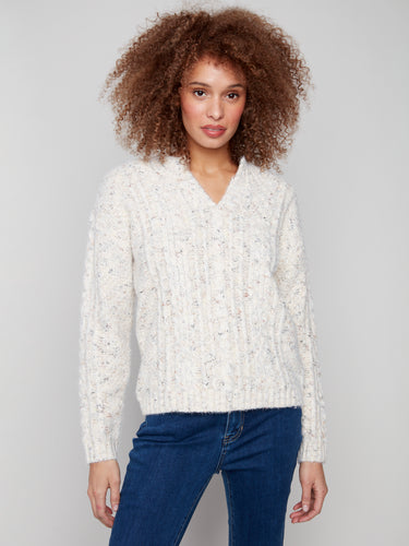 Notch Neck Flex Yarn Sweater- Ecru