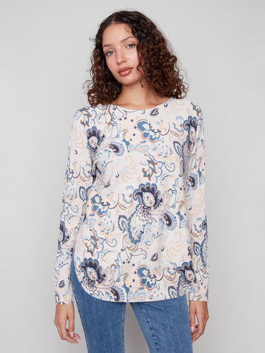 Printed Long Sleeve Boat Neck Top- Blush
