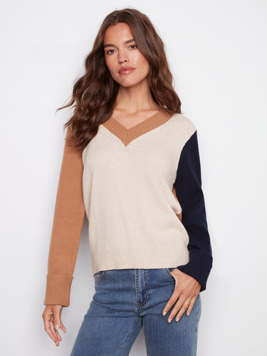Colorblock V-Neck Sweater- Truffle