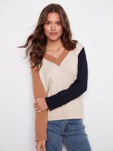 Colorblock V-Neck Sweater- Truffle