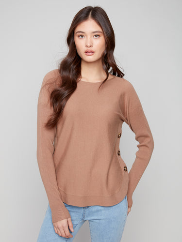 Long Sleeve Boat Neck Sweater with Side Buttons- Truffle
