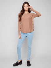 Long Sleeve Boat Neck Sweater with Side Buttons- Truffle