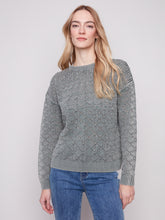 Cold Dye Cotton Blend Pointelle Crew Neck Sweater- Spruce