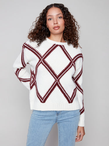 Crew Neck Diamond Intarsia Sweater- Cabernet