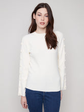Ribbed Crew Neck Sweater w/Buttons- Ecru