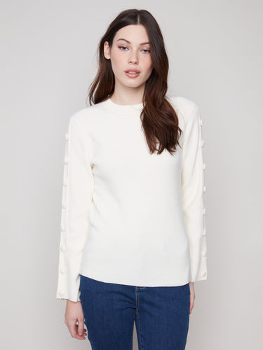 Ribbed Crew Neck Sweater w/Buttons- Ecru