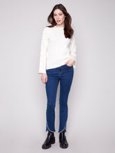 Ribbed Crew Neck Sweater w/Buttons- Ecru
