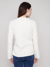 Ribbed Crew Neck Sweater w/Buttons- Ecru