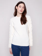 Ribbed Crew Neck Sweater w/Buttons- Ecru