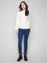 Ribbed Crew Neck Sweater w/Buttons- Ecru