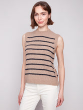 Sleeveless V-Neck Striped Sweater Vest- Camel
