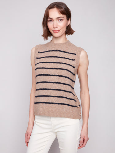 Sleeveless V-Neck Striped Sweater Vest- Camel