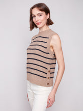 Sleeveless V-Neck Striped Sweater Vest- Camel