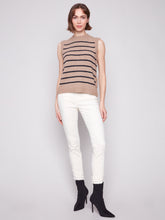 Sleeveless V-Neck Striped Sweater Vest- Camel