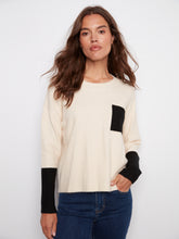 Long Sleeve Color Block Sweater w/ Chest Pocket- Ecru