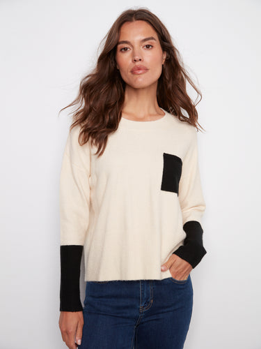 Long Sleeve Color Block Sweater w/ Chest Pocket- Ecru