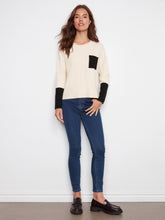 Long Sleeve Color Block Sweater w/ Chest Pocket- Ecru