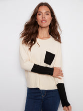 Long Sleeve Color Block Sweater w/ Chest Pocket- Ecru