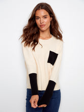 Long Sleeve Color Block Sweater w/ Chest Pocket- Ecru