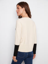 Long Sleeve Color Block Sweater w/ Chest Pocket- Ecru
