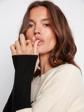 Long Sleeve Color Block Sweater w/ Chest Pocket- Ecru