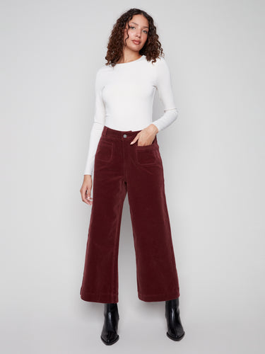 Cropped Patch Pocket Flare Corduroy Pants- Cabernet