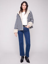 Chevron Boucle Short Jacket w/ Sherpa Trim- Navy