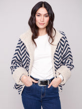 Chevron Boucle Short Jacket w/ Sherpa Trim- Navy