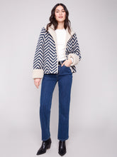 Chevron Boucle Short Jacket w/ Sherpa Trim- Navy