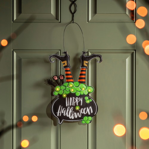 Lit Witch in Cauldron Door Décor