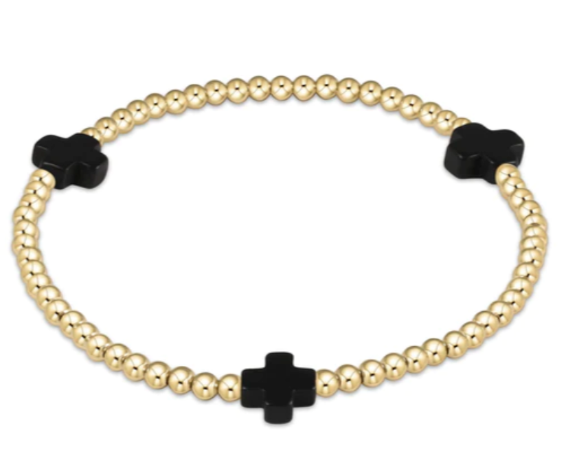 Signature Cross Gold Pattern 3mm Bead Bracelet - Onyx