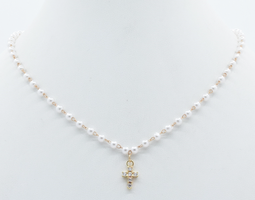 Small Pearl and Gold Chain Cross Necklace
