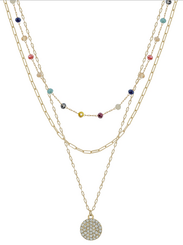 Multi Crystal Beaded and Gold Pave Circle Necklace