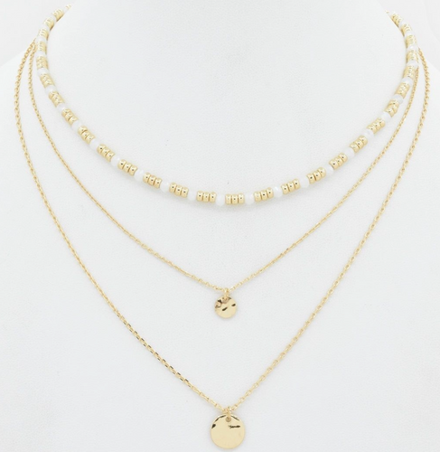 Triple Layered White Stone with Gold Coin Layered Necklace